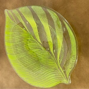 Edwin Walter fused art glass Palm Leaf bowl dish Plate signed clear & green